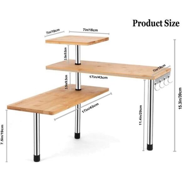 3 Tier Corner Shelf Bamboo & Metal Storage Spice Rack-Desk Bookshelf Display - Picture 2 of 5